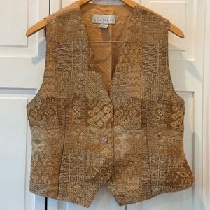 VTG Style New York Tapestry Vest Brown Tan‎ Geo Print Western Academic Women L